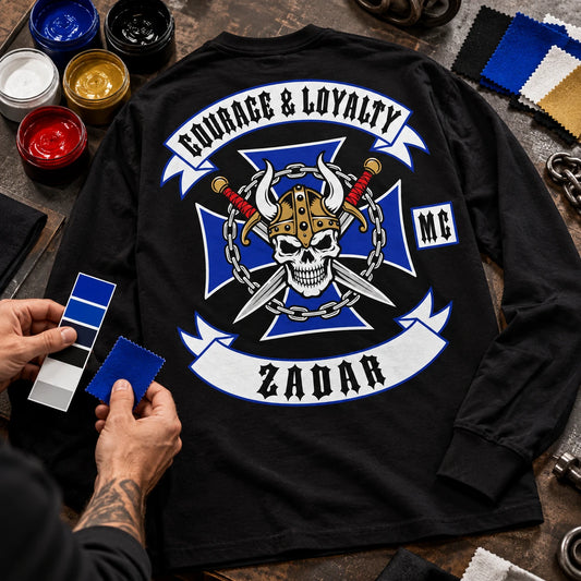 Club-color matching process with ink swatches and custom long-sleeve artwork.