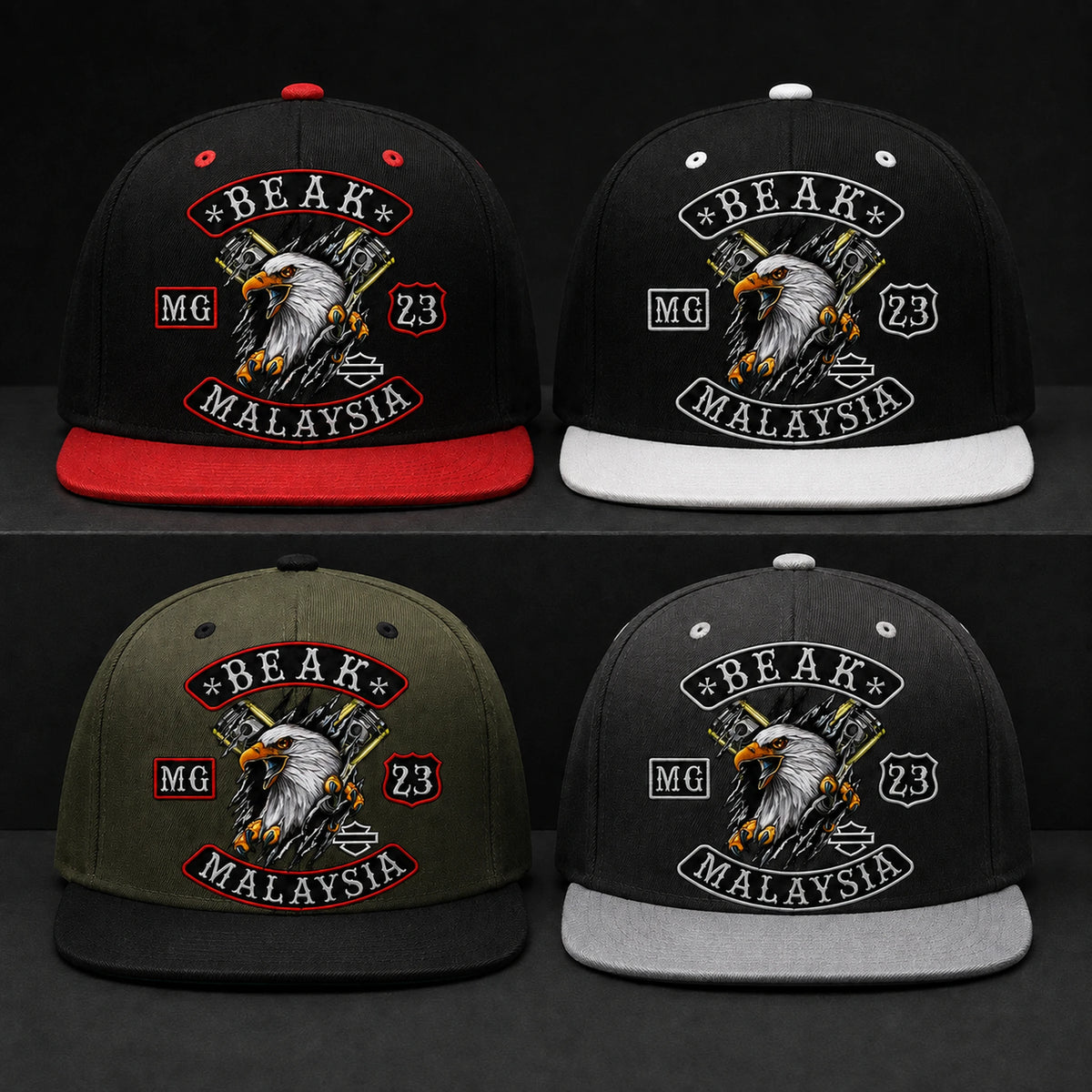 Four coordinated motorcycle club flat-brim caps show black-red, black-white, olive, and charcoal color options.