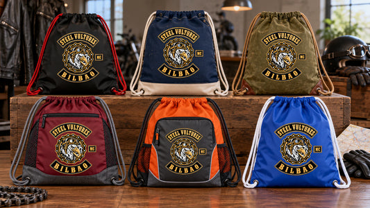 Motorcycle club merchandise coordinator compares custom drawstring bag body and cord colors.