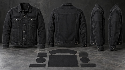 Blank black denim jacket shown from front, back and sleeve views for approved Club Colors planning.
