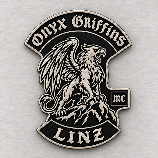 One-piece antique silver Onyx Griffins Linz club identity pin with a single logo-following perimeter.