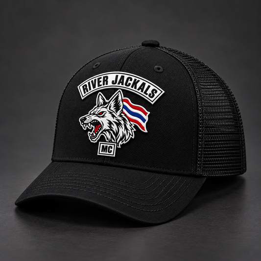 Front view of a black River Jackals trucker hat with the main authorized club emblem.