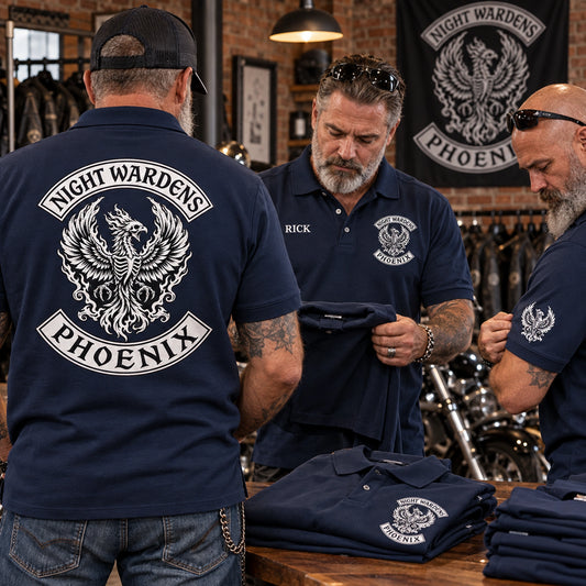 Night Wardens Phoenix members receive coordinated navy motorcycle club polos with consistent chest, sleeve and large back branding.