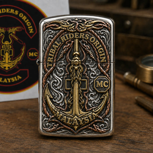 Authorized motorcycle club logo transformed into sculpted lighter metalwork