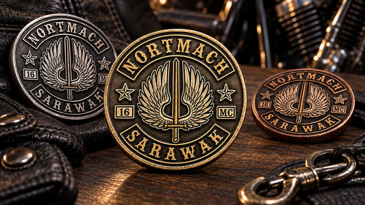Custom motorcycle club coin details showing logo, rockers, chapter and year.