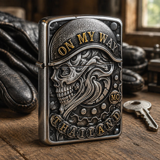 Custom club member lighter with a sculpted authorized motorcycle club emblem