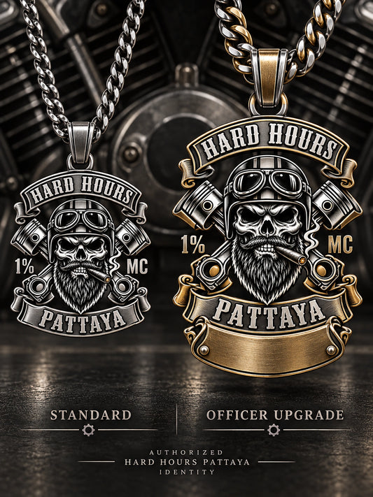 Officer Pendants represented by a unique custom motorcycle-club pendant with complete chain and sculptural mixed-metal architecture.