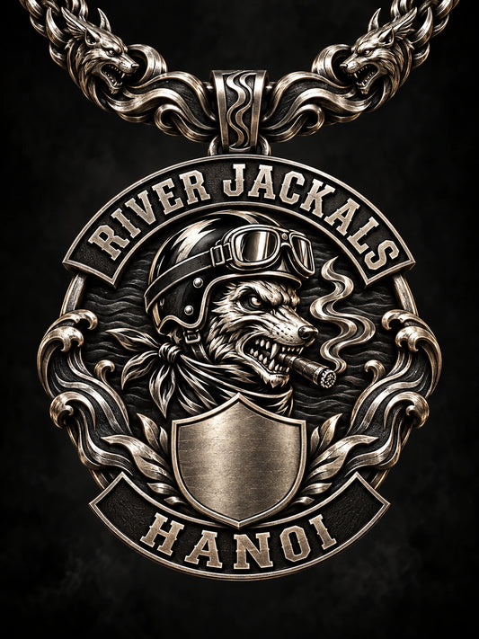 Anniversary Pendants represented by a unique custom motorcycle-club pendant with complete chain and sculptural mixed-metal architecture.