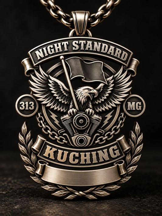 Memorial Pendants represented by a unique custom motorcycle-club pendant with complete chain and sculptural mixed-metal architecture.