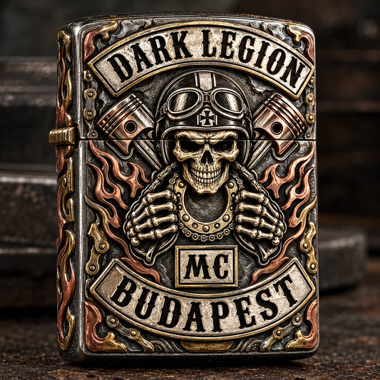 Motorcycle club name integrated into a unique sculpted lighter border
