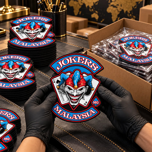 Finished solid patches inspected and packed shown for a custom motorcycle club patch system in packing area.