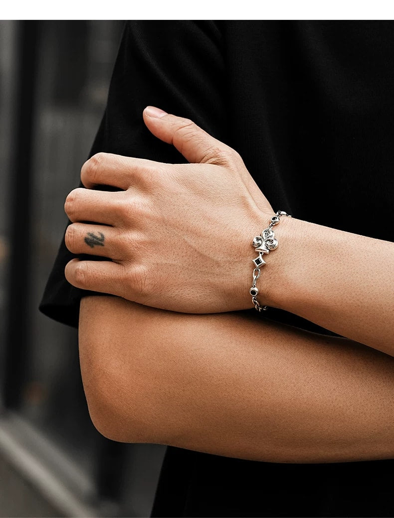 Club Playing Card Sterling Silver Biker Bracelet – wrist and design view 1