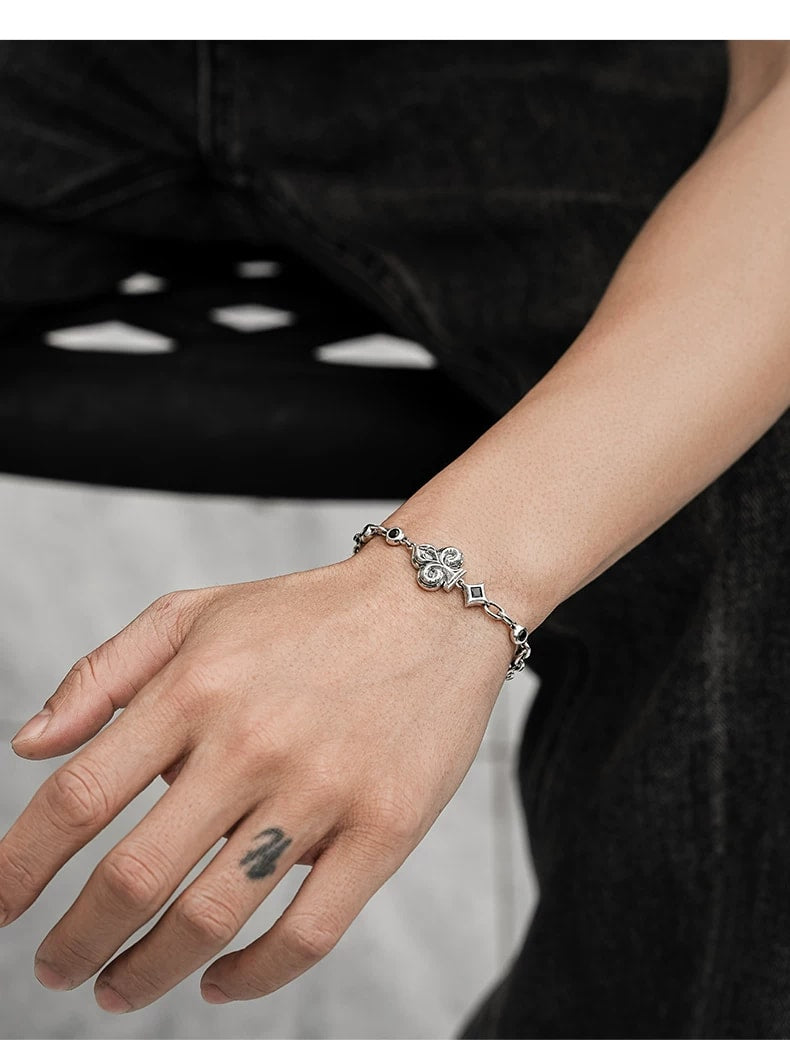 Club Playing Card Sterling Silver Biker Bracelet – wrist and design view 2
