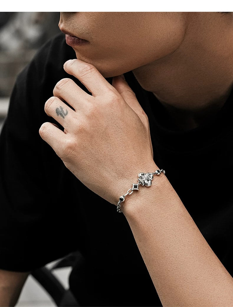 Club Playing Card Sterling Silver Biker Bracelet – wrist and design view 3