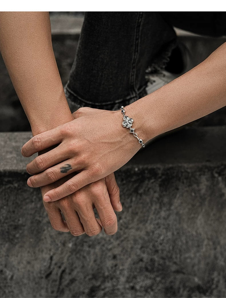 Club Playing Card Sterling Silver Biker Bracelet – wrist and design view 4