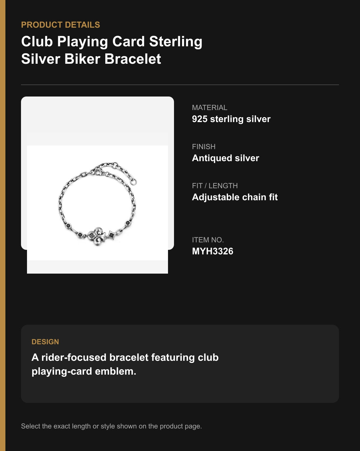 Club Playing Card Sterling Silver Biker Bracelet – English product details