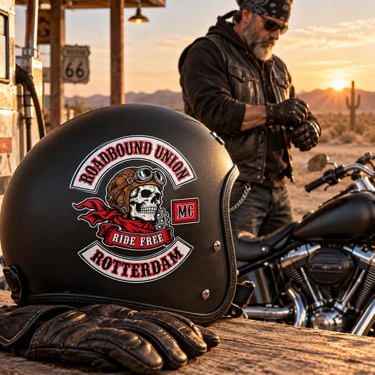 Mature V-twin rider at a sunrise fuel stop with a custom motorcycle club sticker clearly displayed on a black helmet.