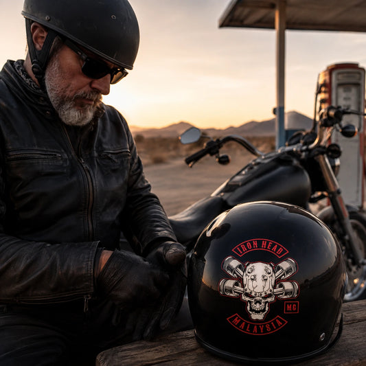 Mature V-twin rider at a sunrise fuel stop with a custom motorcycle club sticker clearly displayed on a black helmet.