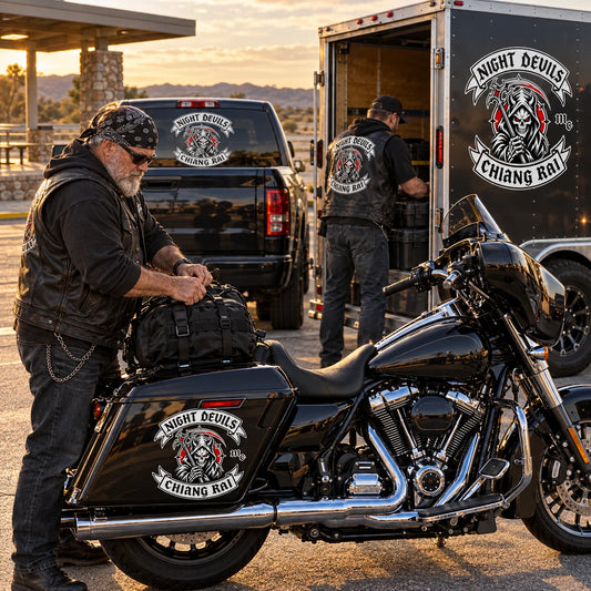 Motorcycle road crew using matching club stickers on a V-twin pannier, support pickup and enclosed trailer.