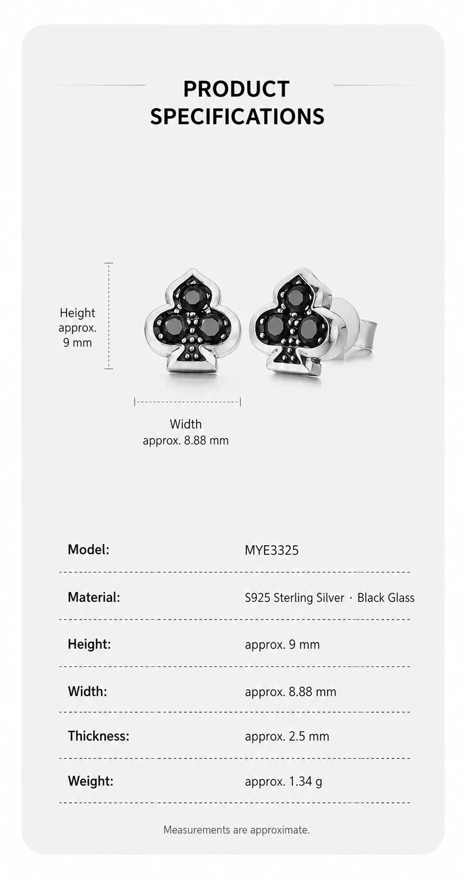 Club suit stud earrings dimensions and specifications in English