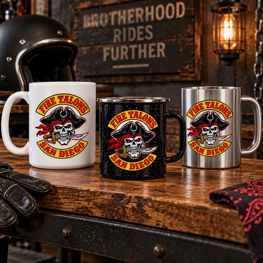 Complete coordinated ceramic, enamel and stainless mugs on a clubhouse merchandise shelf; every product carries the supplied club emblem.