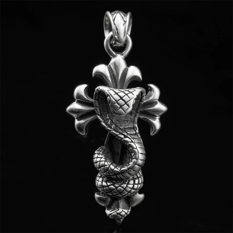 Complete cobra cross gothic silver pendant on black