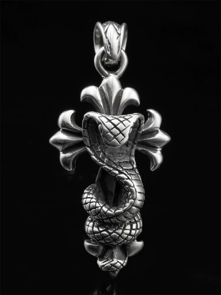 Cobra cross sterling silver gothic biker pendant front view