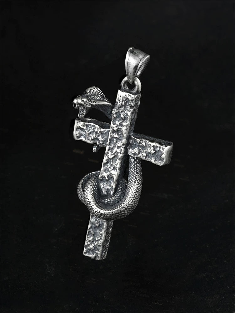 Front view of cobra wrapped cross sterling silver biker pendant