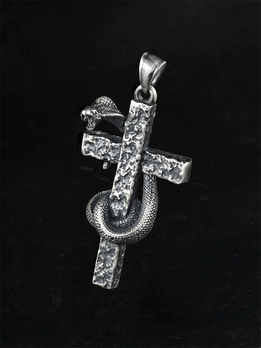 Front view of cobra wrapped cross sterling silver biker pendant