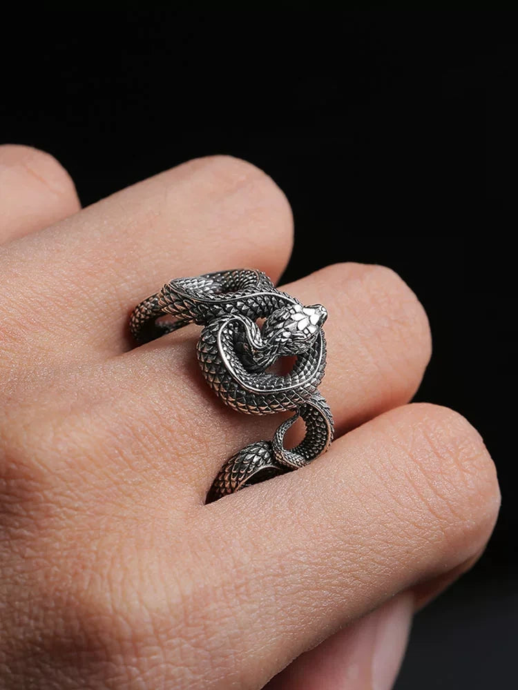Coiled Snake Adjustable 925 Sterling Silver Biker Ring — view 2