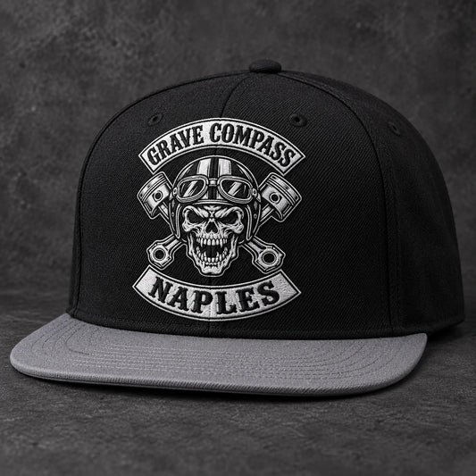 Black and grey motorcycle club flat-brim cap with integrated embroidered club logo