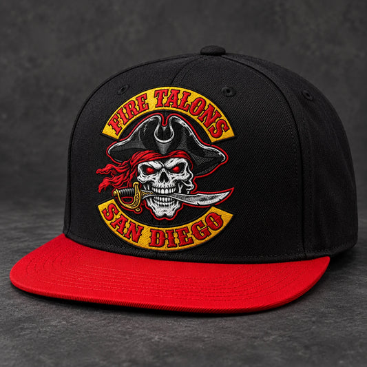 Black and red motorcycle club flat-brim cap with integrated embroidered club logo