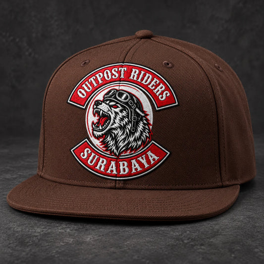 Brown motorcycle club flat-brim cap with integrated embroidered club logo