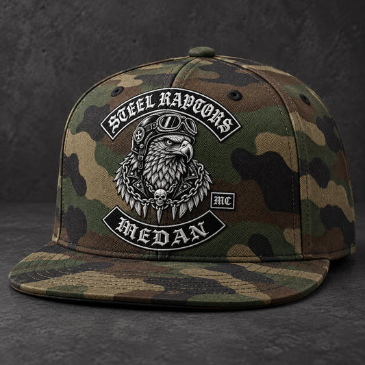 Camouflage motorcycle club flat-brim cap with integrated embroidered club logo