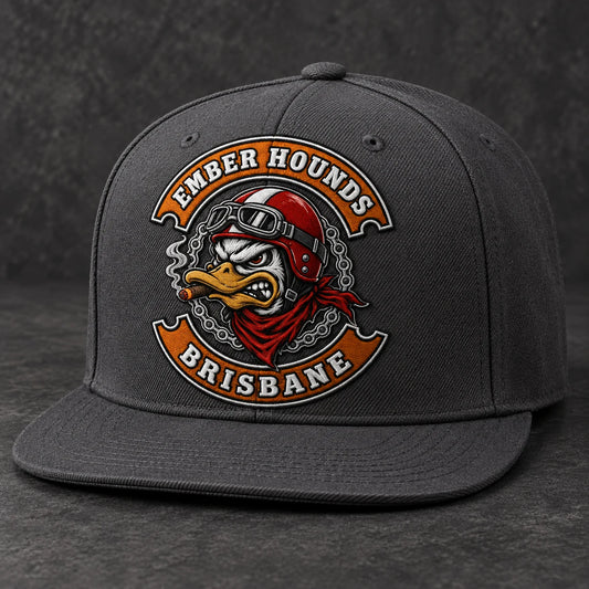 Dark grey motorcycle club flat-brim cap with integrated embroidered club logo