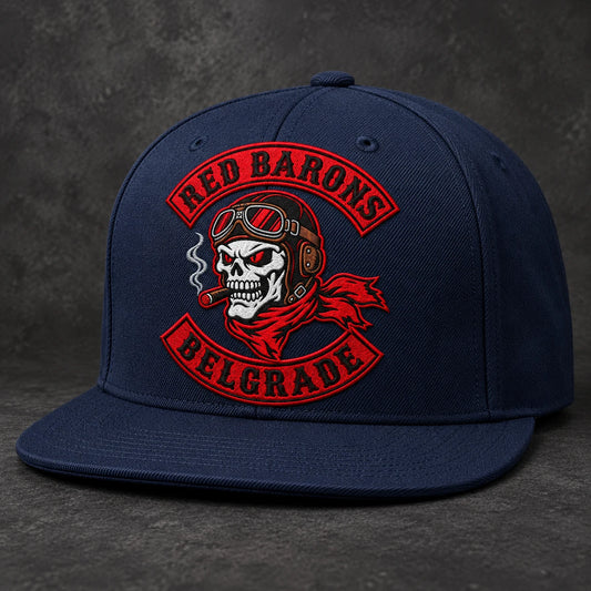 Dark navy motorcycle club flat-brim cap with integrated embroidered club logo