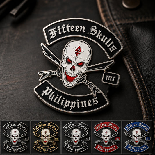 Custom soft enamel biker pin matched to approved motorcycle club colors.