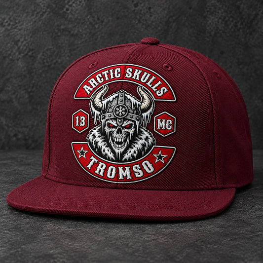 Maroon motorcycle club flat-brim cap with integrated embroidered club logo