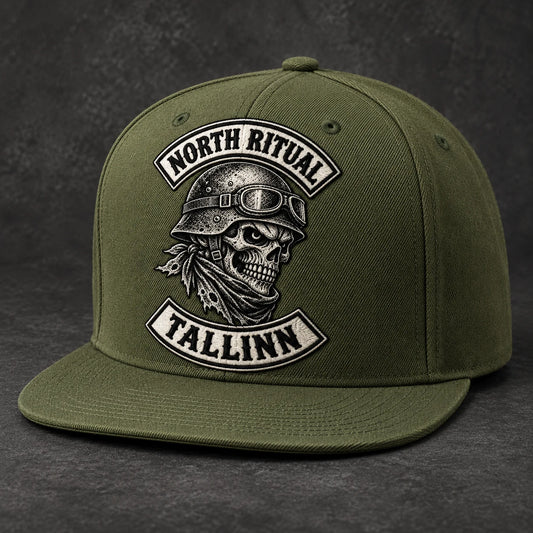 Military green motorcycle club flat-brim cap with integrated embroidered club logo