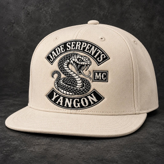 Natural color motorcycle club flat-brim cap with integrated embroidered club logo