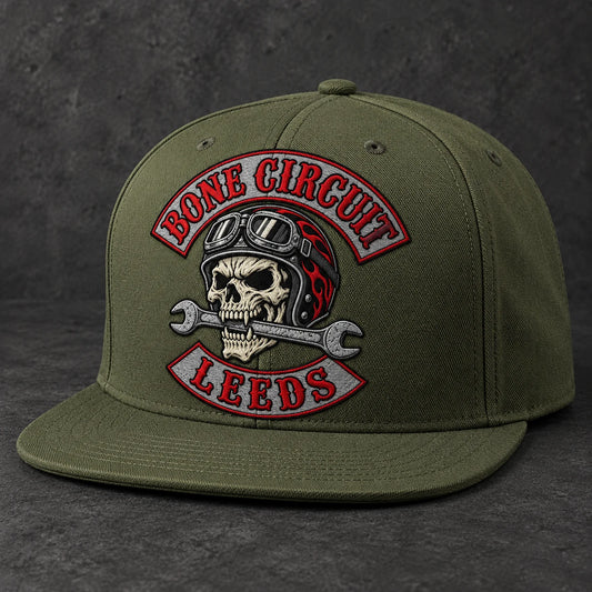 Olive motorcycle club flat-brim cap with integrated embroidered club logo