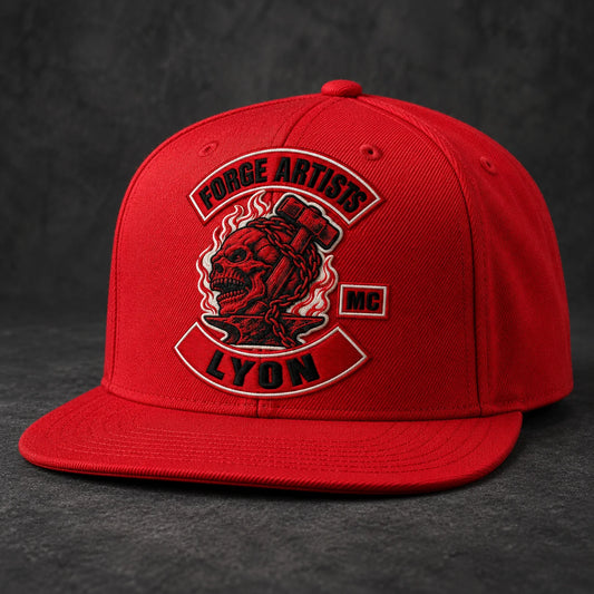 Red motorcycle club flat-brim cap with integrated embroidered club logo
