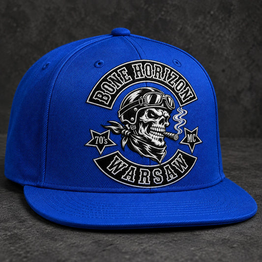 Royal blue motorcycle club flat-brim cap with integrated embroidered club logo