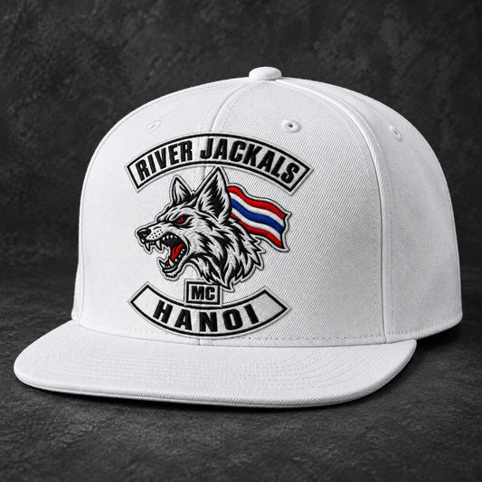 White motorcycle club flat-brim cap with integrated embroidered club logo