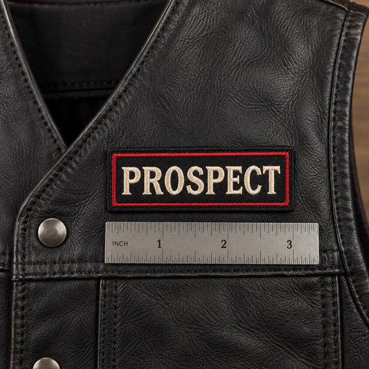 Compact 3 by 1 inch status patch shown as a custom motorcycle club membership patch product.