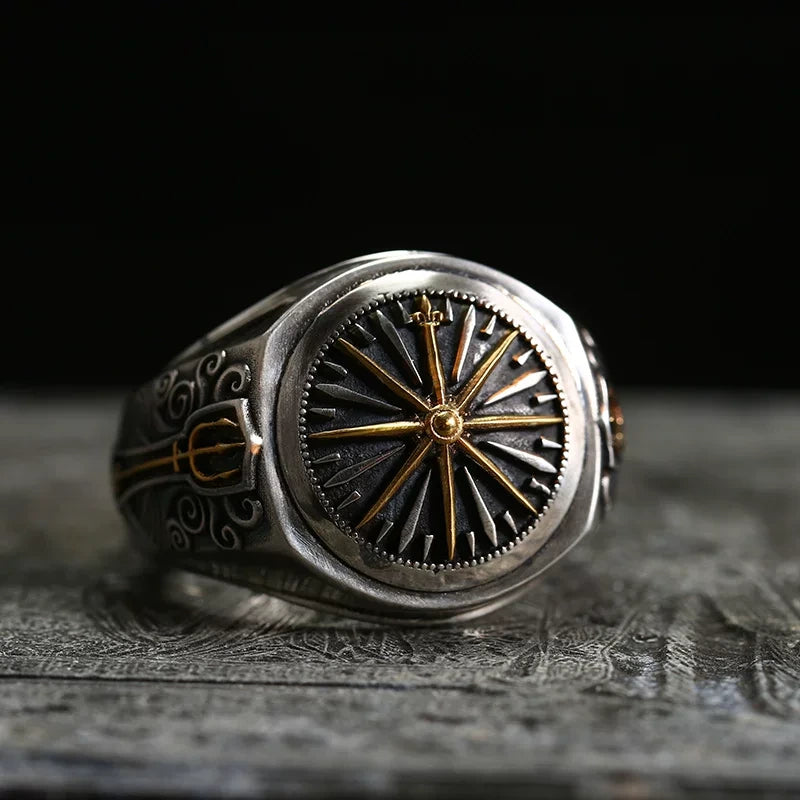 Compass 925 Sterling Silver Biker Signet Ring — view 3