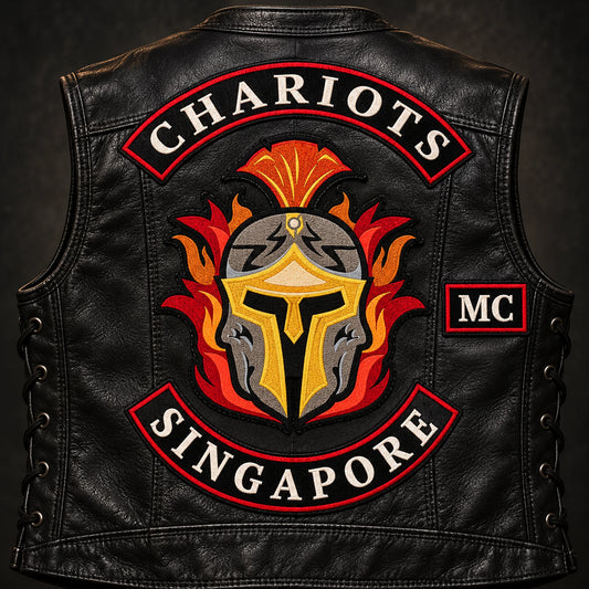 Complete solid back patch system on vest shown for a custom motorcycle club patch system in clubhouse wall.