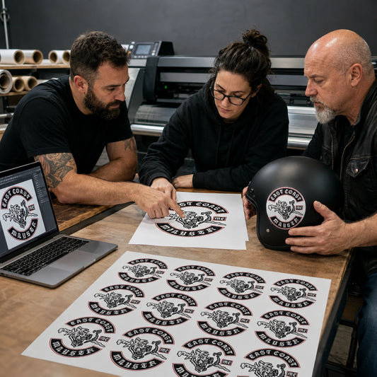 Designer, print operator and club representative reviewing the full custom sticker service from proof to finished product.