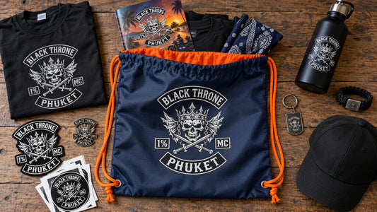 Complete motorcycle rally registration kit arranged beside an open custom club-logo drawstring bag.
