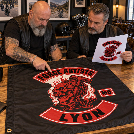 A motorcycle club president and treasurer review a full-size custom flag proof before production.